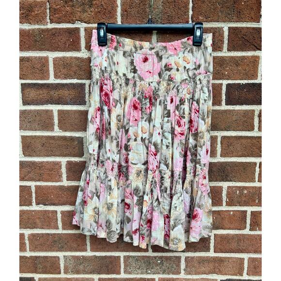 Vintage 1980s Pink Brown Floral Print Skirt Passports of Pier 1 Imports Florals - Picture 1 of 12